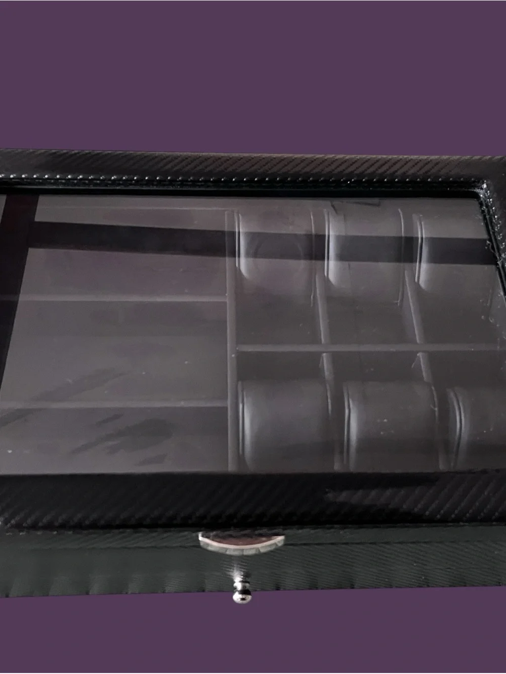 Black Carbon Fiber Look Watch & Jewelry Storage Box Glass Top